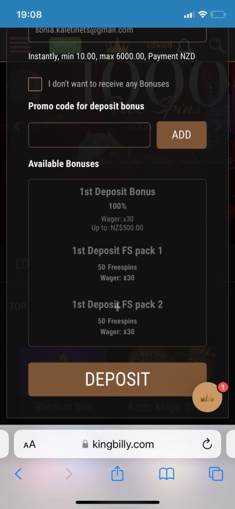 King Billy deposit methods