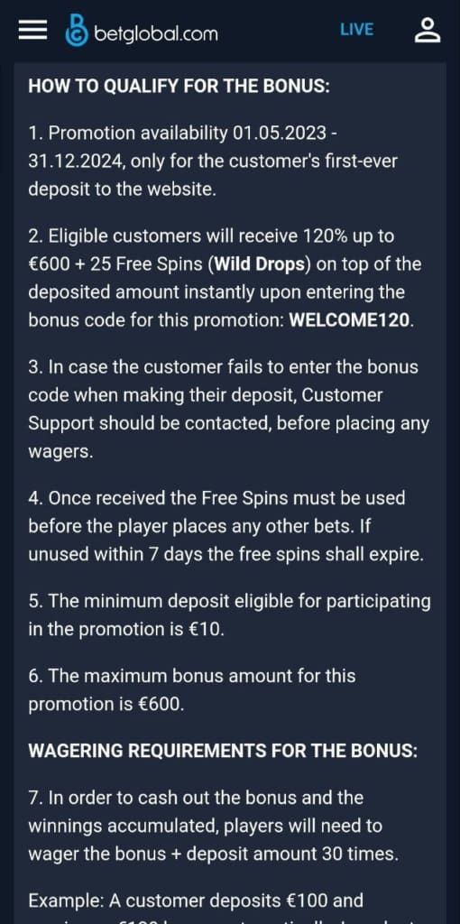 BetGlobal Casino screen